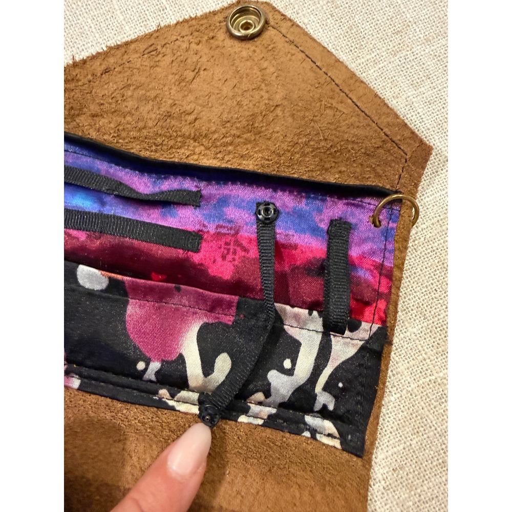 Tooled Leather jewelry pouch contrast floral fabric snap closure key loop brown